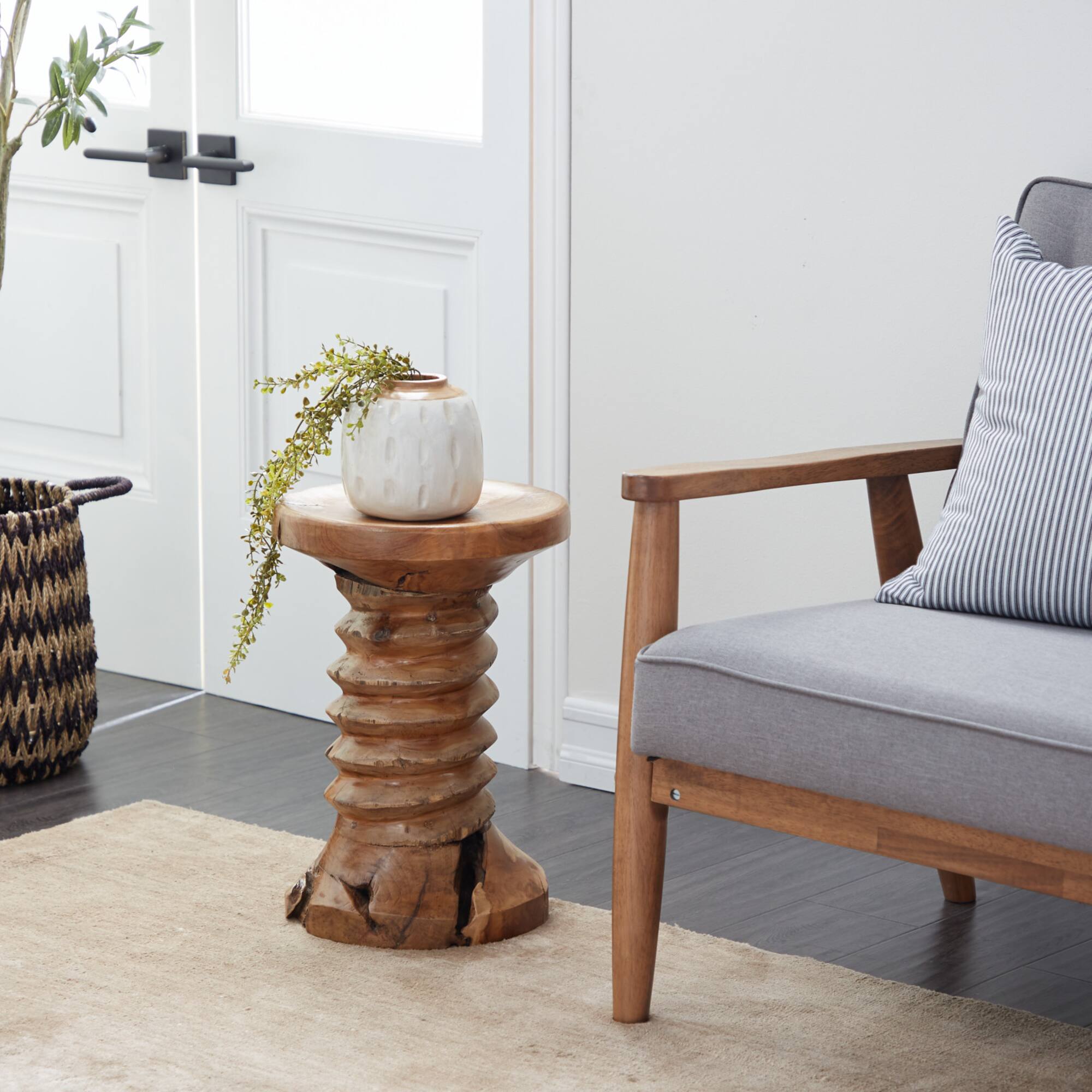 19" Brown Teak Wood Rustic Stool